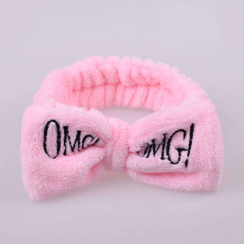 Hot Sale Girls Cute Face Washing Plush Hairband Omg Letters Bow Coral