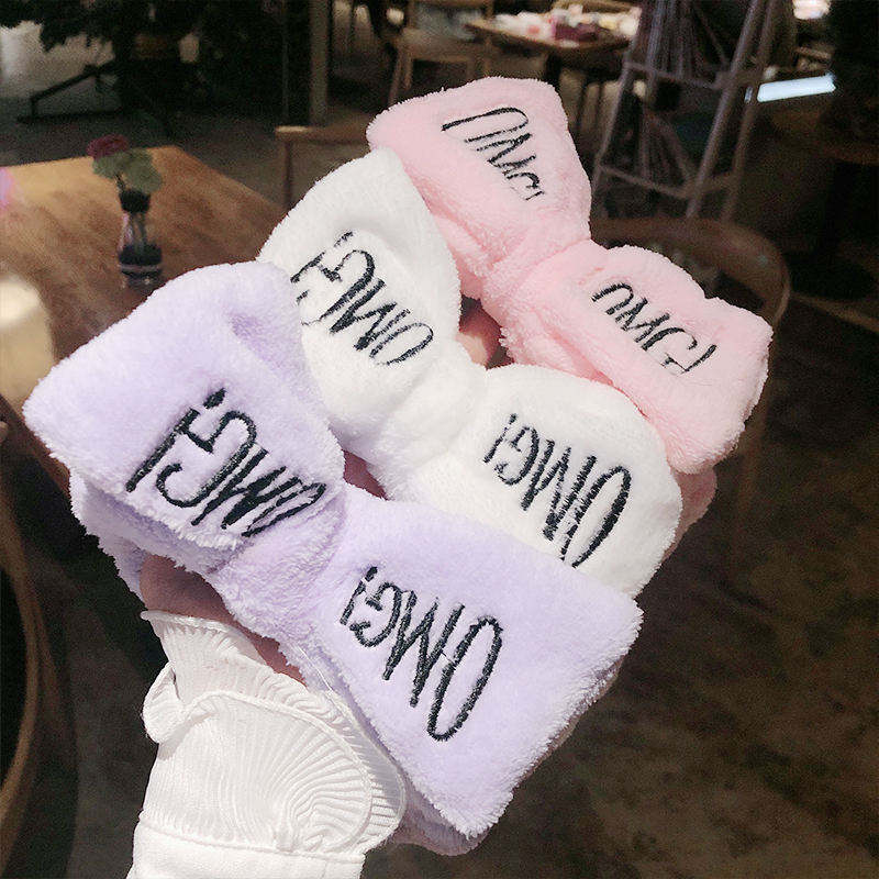 Hot Sale Girls Cute Face Washing Plush Hairband Omg Letters Bow Coral