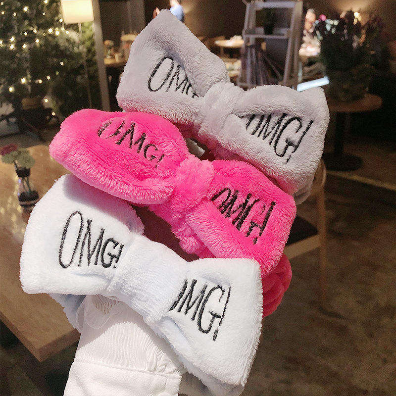 Hot Sale Girls Cute Face Washing Plush Hairband Omg Letters Bow Coral