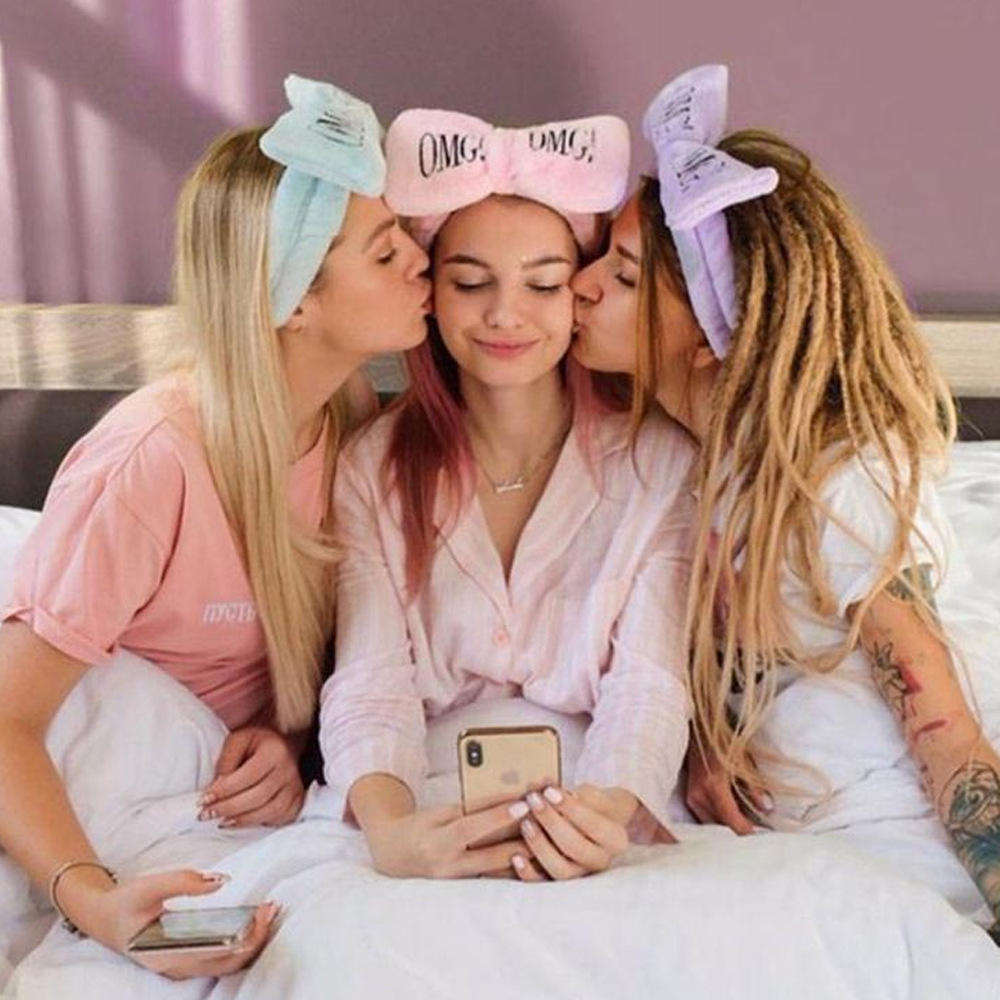 Hot Sale Girls Cute Face Washing Plush Hairband Omg Letters Bow Coral